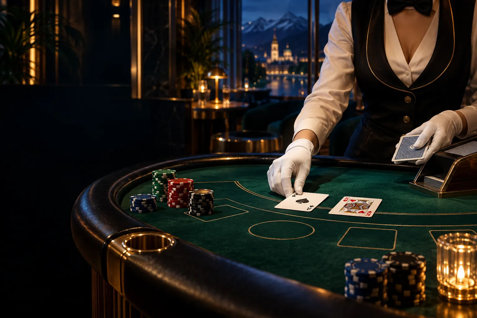 Eleganter Live-Blackjack-Tisch mit Karten, Chips und Dealer-Hand im Wiener Nachtlicht